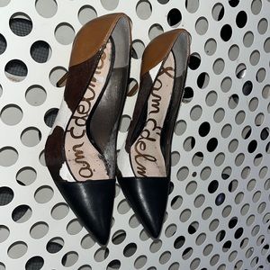 Sam Eldelmam cow, print high heels